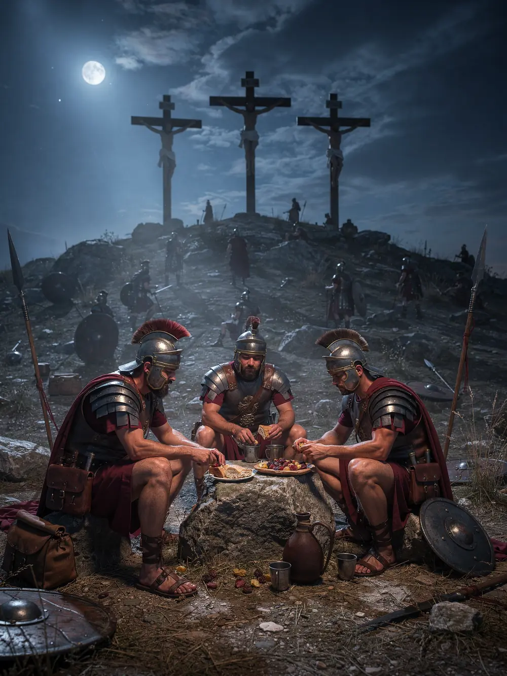 Roman soldiers sharing a meal beneath three crosses